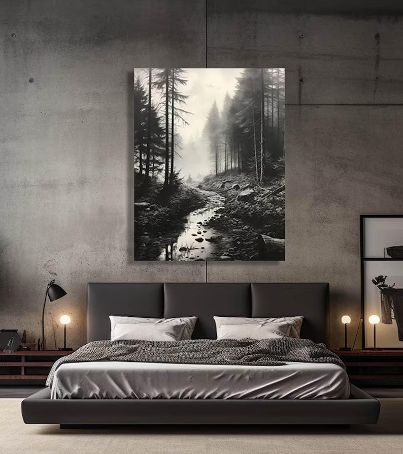 Black and White Misty Forest Canvas Wall Art, Black Framed Wall Art, Foggy Forest Wall Art, Foggy Forest Art, Moody Black and White Painting image 3