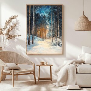Golden Glow Winter Forest Wooden Canvas Art, Snowy Pine Tree Wall Print, Cozy Holiday Framed Decor imagen 3