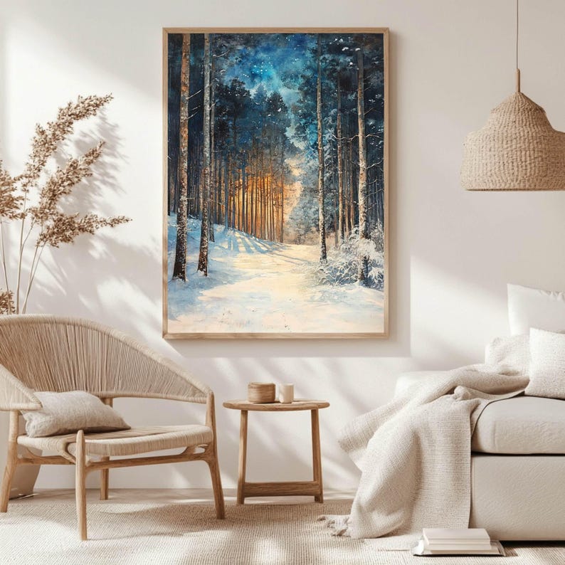 Golden Glow Winter Forest Wooden Canvas Art, Snowy Pine Tree Wall Print, Cozy Holiday Framed Decor imagen 3