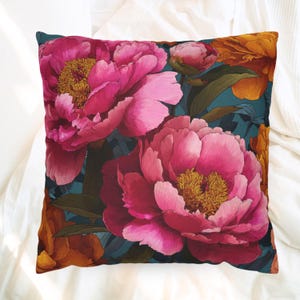 Vibrant Peony Throw Pillow, Pink and Orange Floral Cushion, Bold Botanical Home Decor, Colorful Cottagecore Accent