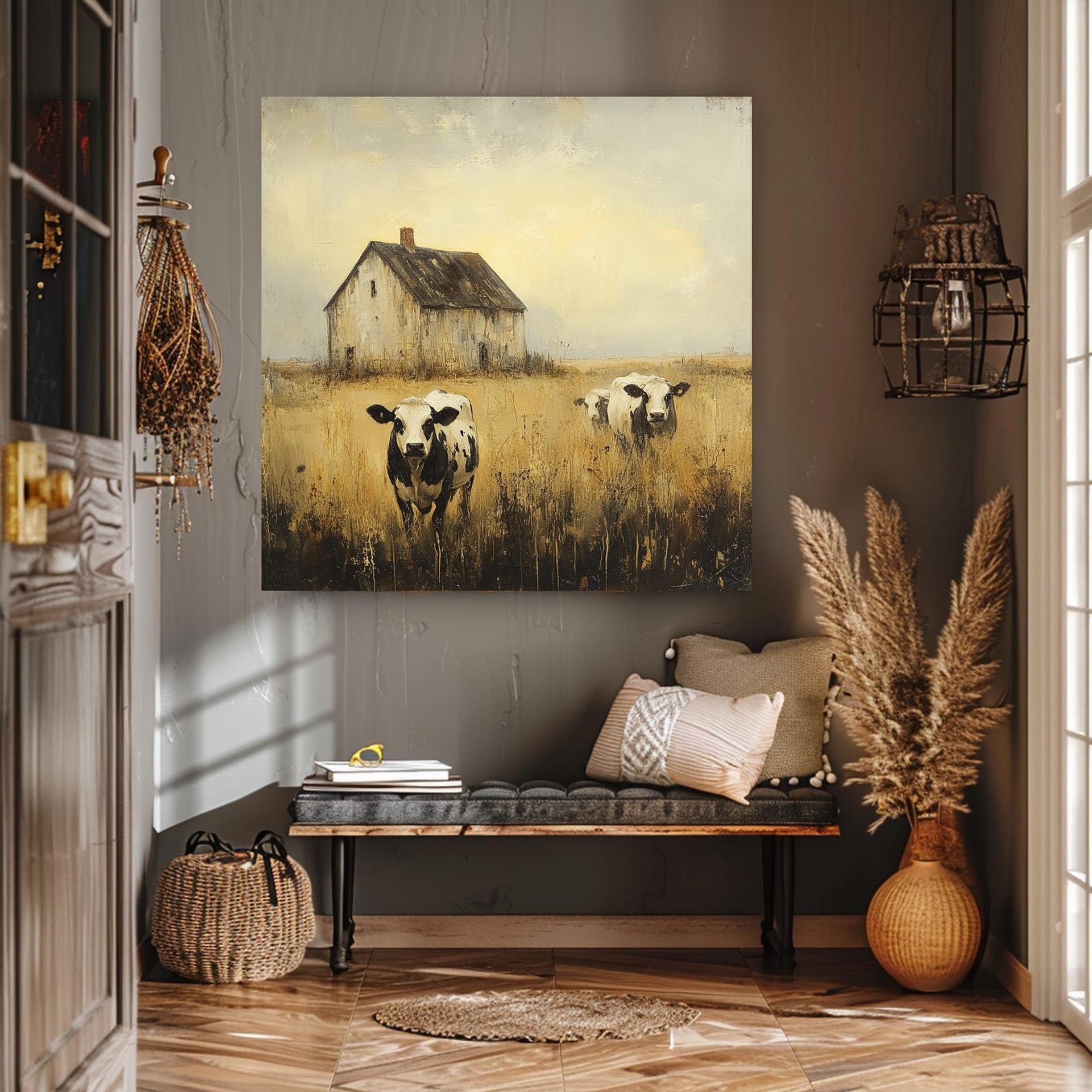 Rustic Farmhouse Canvas Wall Art, Vintage Country Scene, Cows and Barn ...