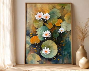 White Water Lily Canvas Wall Art, Teal Pond Print, Gold Botanical Decor, Abstract Nature Artwork, Modern Floral Living Room Statement Piece