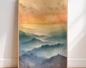 Misty Mountain Wall Art, Sunrise Landscape Print, Foggy Hills Artwork, Neutral Nature Decor, Minimalist Mountain Framed Canvas