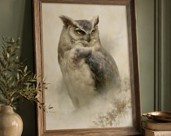 Horned Owl Wall Art, Bird Poster Print, Vertical Woodland Wildlife Artwork, Japandi Framed Botanical Giclee, Country Housewarming Gift