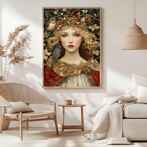 Winter Solstice Goddess Wooden Canvas Art, Enchanted Woman Wall Print, Holiday Nature-Inspired Decor, Mystical Framed Canvas image 2