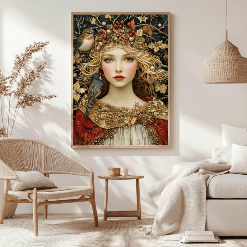 Winter Solstice Goddess Wooden Canvas Art, Enchanted Woman Wall Print, Holiday Nature-Inspired Decor, Mystical Framed Canvas image 2