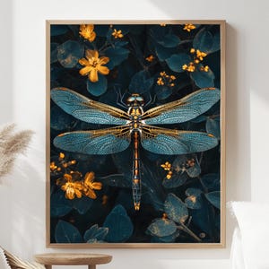 Tela incorniciata con libellula celeste, arte mistica degli insetti, stampa floreale dorata, elegante decorazione da parete botanica, decorazione floreale fantasy per la casa