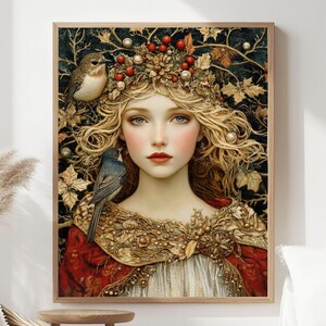 Winter Solstice Goddess Wooden Canvas Art, Enchanted Woman Wall Print, Holiday Nature-Inspired Decor, Mystical Framed Canvas image 3