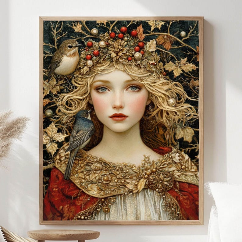 Winter Solstice Goddess Wooden Canvas Art, Enchanted Woman Wall Print, Holiday Nature-Inspired Decor, Mystical Framed Canvas image 3