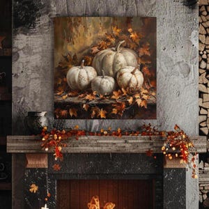 May include: A square wall art print featuring a still life painting of four pale, muted-green pumpkins nestled among a dense collection of dried, rust-coloured autumn maple leaves. The composition is set against a dark, textured background.