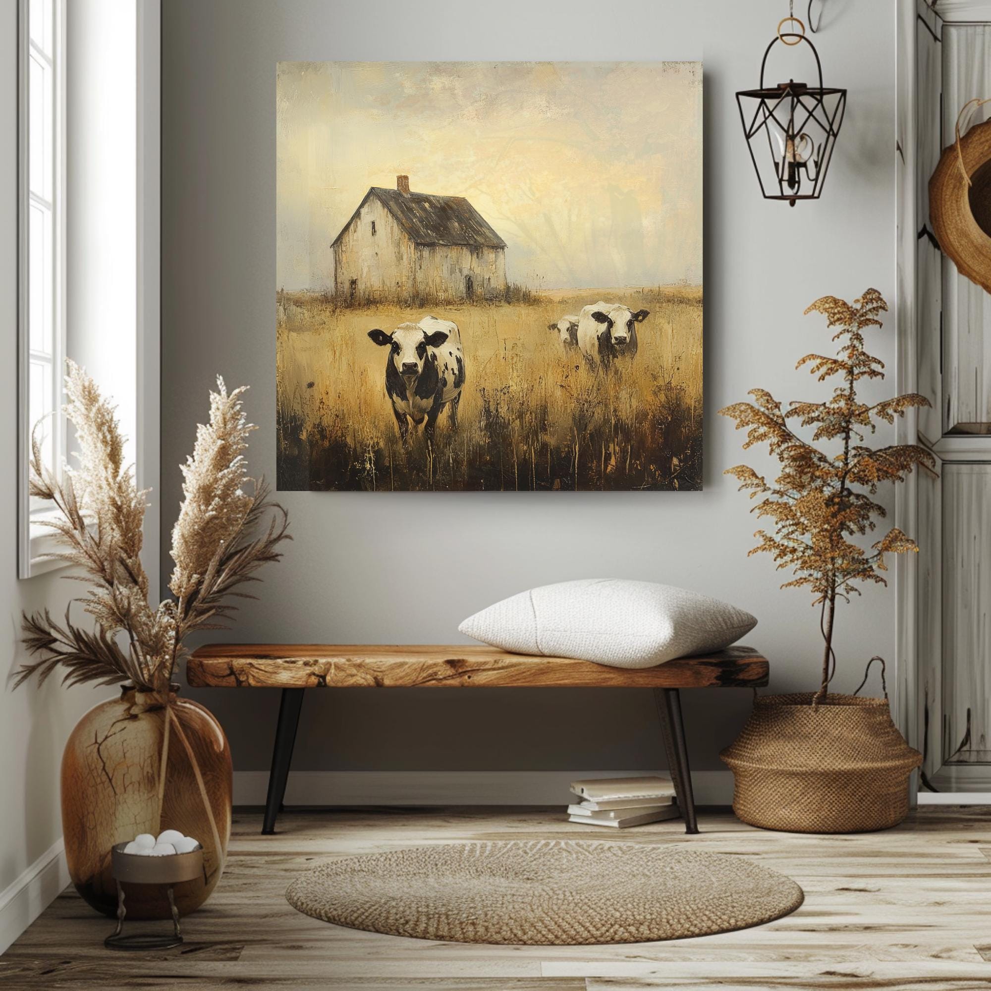 Rustic Farmhouse Canvas Wall Art, Vintage Country Scene, Cows and Barn ...