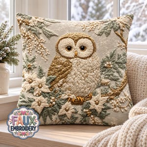 May include: A square throw pillow featuring an embroidered owl perched on a branch. The design includes cream, gold, and sage green threadwork depicting flowers and foliage. A circular logo in the corner reads FAUX EMBROIDERY.