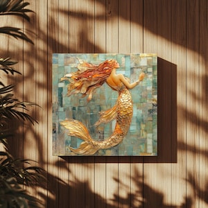 Mosaic Look Gold Mermaid Wall Art, Ocean Fantasy Decor, Elegant Mermaid Print, Coastal Beach Mermaid Wall Art Print image 7