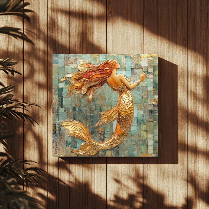 Mosaic Look Gold Mermaid Wall Art, Ocean Fantasy Decor, Elegant Mermaid Print, Coastal Beach Mermaid Wall Art Print image 7