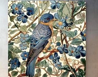 Set 6 Stampe Su Tela William Morris, Motivo Botanico Con Uccellini, Blu, 20x25 Cm, Decorazione Parete Vintage Per Soggiorno