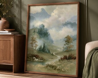 Stream Valley Wall Art, Mountain Landscape Poster Print, Vertical Nature River Artwork, Japandi Framed Botanical Giclee, Best Selling Gift