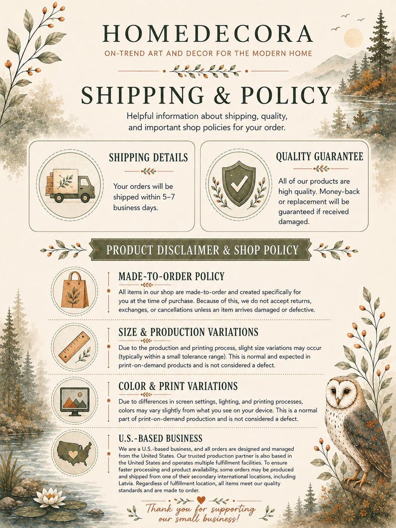 The image is a poster or flyer with information about shipping and policies for a company called "Homedecora". It includes icons and text to provide details about the company's shipping and product policies.