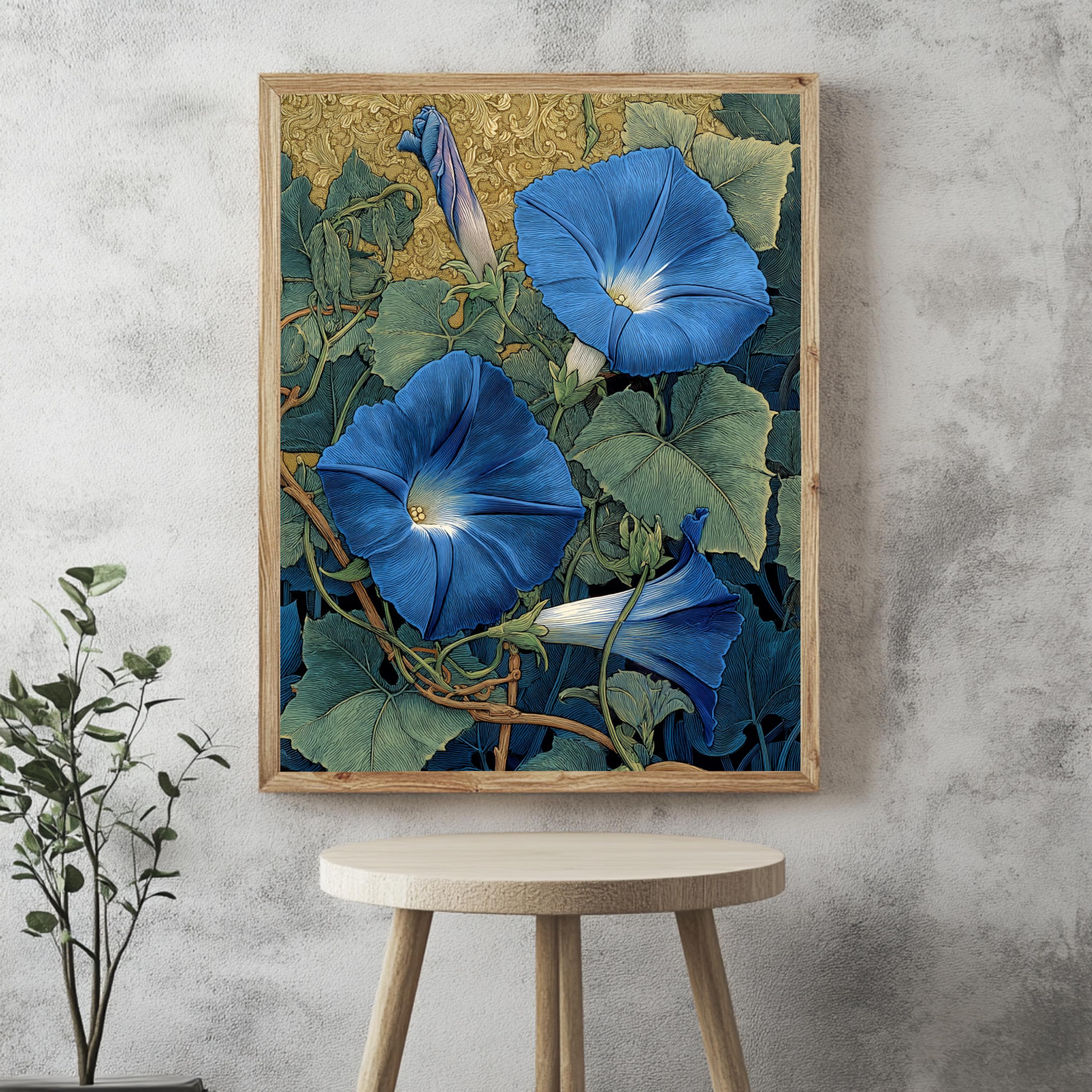 Morning Glory Wall Art, William Morris Inspired Blue Floral Canvas