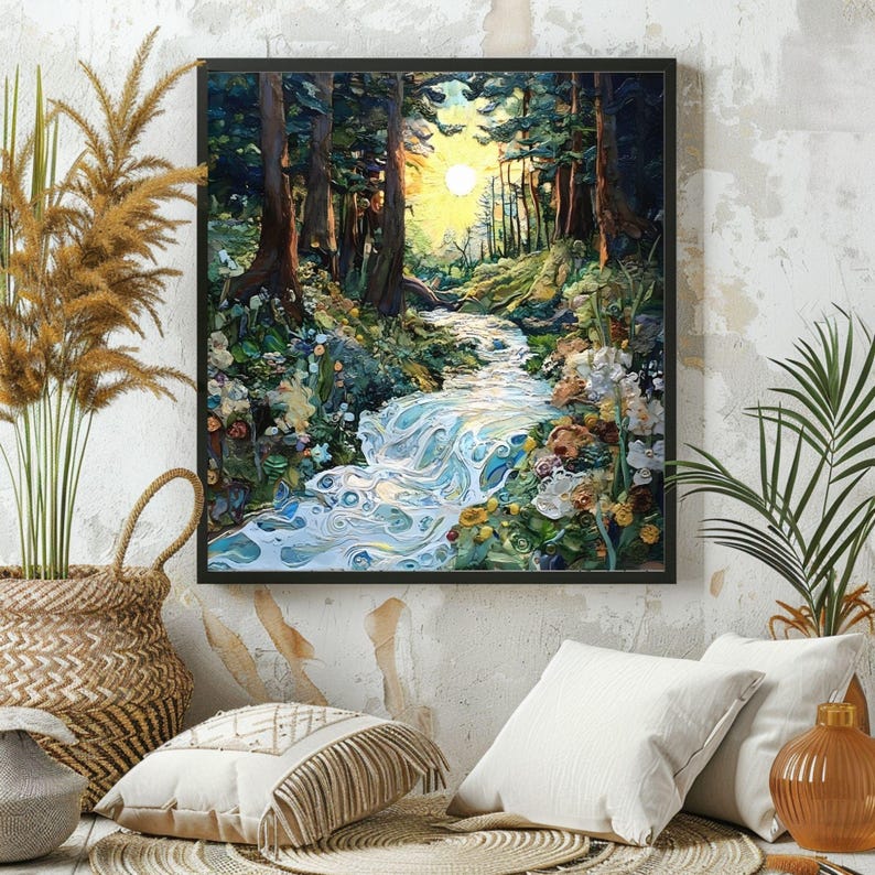 Woodland Wall Art, Mystical Wall Art, Forest River Print, Vintage Framed Canvas, Mystical Home Decor, Nature Wall Decor image 3