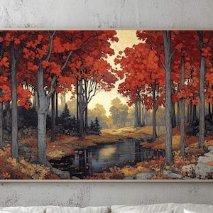 Autumn Red Maple Wall Art Print, Vibrant Fall Woodland Landscape Painting, Forest Stream Home Decor, Rustic Fall Foliage Canvas Art