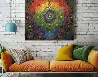 May include: A square wall art piece featuring a vibrant, multi-coloured mandala design with concentric circles of red, orange, yellow, green, blue, and purple hues. The artwork is set against a dark background with intricate, thin gold lines.
