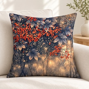 May include: A square throw pillow featuring a printed design of dark blue foliage and vibrant orange-red berries against a soft, glowing, light-filled forest background. The pattern displays clusters of berries and leaves with a bokeh effect.