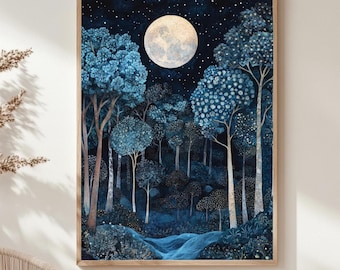 Mondschein verzauberter Wald gerahmte Leinwand, mystische Nachtwald, verträumte himmlische Natur Wandkunst, gemütlicher Hausakzent