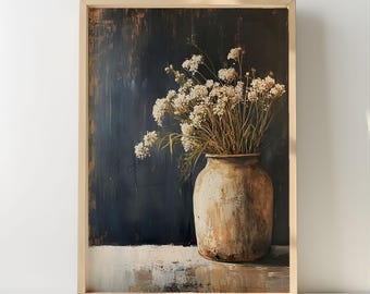 Art mural vase de fleurs rustique, toile encadrée en bois, impression neutre de fleurs séchées, décoration botanique nature morte vintage, accent de ferme de campagne