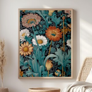William Morris Daisy Wall Art, Vintage Floral Botanical Canvas, Cottagecore Garden Flower Print, Retro Daisies Framed Nature Decor