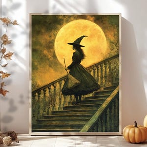 Vintage Moonlit Witch Wall Art, Wooden Framed Canvas, Gothic Full Moon Night Print, Halloween Witch Decor, Dark Fantasy Home Accent