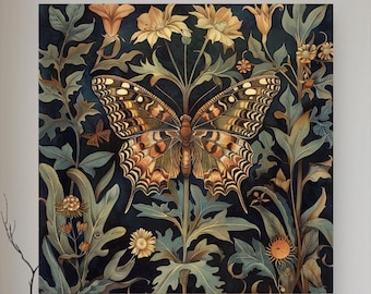 Botanical Butterfly Canvas Art, William Morris Inspired Print, Vintage Nature Home Accent, Vintage Insect Poster, Floral Framed Wall Art