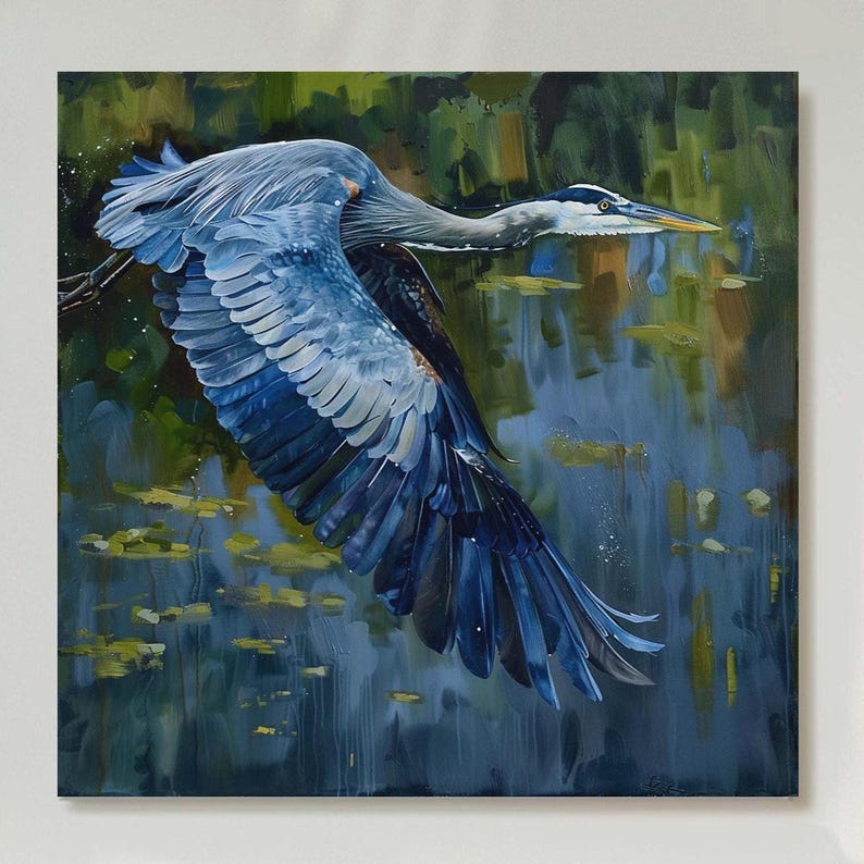 Great Blue Heron Painting Blue Heron Art William Morris Style Vintage Coastal Home Decor Blue Heron Wall Art Large Bird Picture Wild Birds image 1