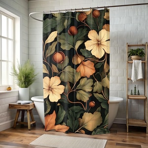 Autumn Shower Curtain, Fall Floral Bathroom Decor, Botanical Waterproof Fabric Curtain, Vintage Leaf Print Bath Accessory