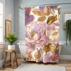 Blush Gold Peony Shower Curtain, Romantic Floral Bathroom Decor, Vintage Pink Flower Art Curtain, Elegant Botanical Bath Accent 71x74