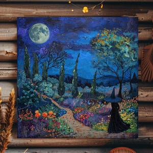 Witch in The Moonlight Garden Wall Art, Enchanting Celestial Witchy Moon Art Print, Witches Coven Art, Wiccan Art Painting