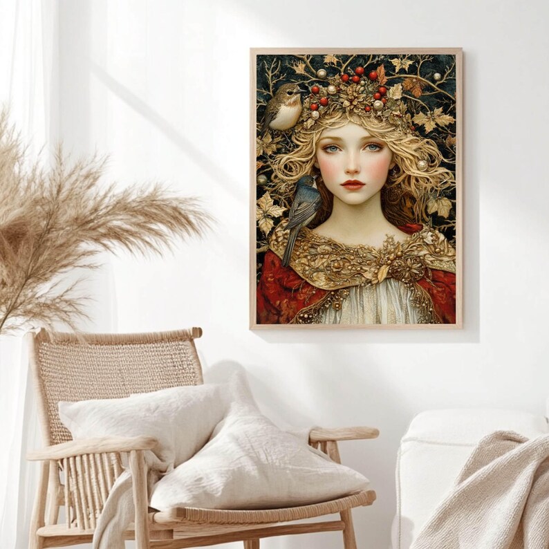 Winter Solstice Goddess Wooden Canvas Art, Enchanted Woman Wall Print, Holiday Nature-Inspired Decor, Mystical Framed Canvas image 5