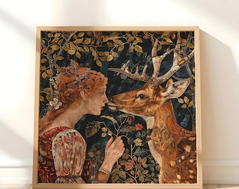 Vintage William Morris inspirierte Hirsch Leinwand, rustikale Herbst Dekoration, Herbst Wald Leinwand Wandkunst, Vintage botanische Kunst, Hirsch Leinwanddruck