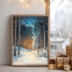 Golden Glow Winter Forest Wooden Canvas Art, Snowy Pine Tree Wall Print, Cozy Holiday Framed Decor imagen 2