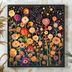 Flower Garden Canvas Wall Art Print Gustav Klimt Inspired Painting, Botanical Floral Wall Hanging, Contemporary Botanical Art