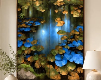 Blue Water Lily Wall Art, Abstract Pond Print, Moody Botanical Decor, Modern Nature Artwork, Gold And Cobalt Living Room Statement