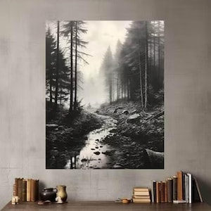 Black and White Misty Forest Canvas Wall Art, Black Framed Wall Art, Foggy Forest Wall Art, Foggy Forest Art, Moody Black and White Painting image 7