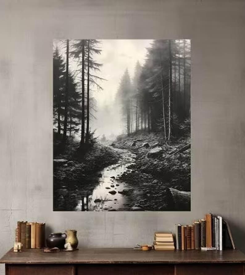 Black and White Misty Forest Canvas Wall Art, Black Framed Wall Art, Foggy Forest Wall Art, Foggy Forest Art, Moody Black and White Painting image 7