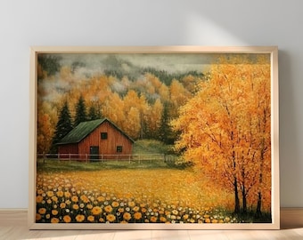 Autumn Barn Canvas Wall Art, Fall Mountain Landscape Print, Rustic Farmhouse Artwork, Golden Aspen Trees, Country Cabin Home Decor