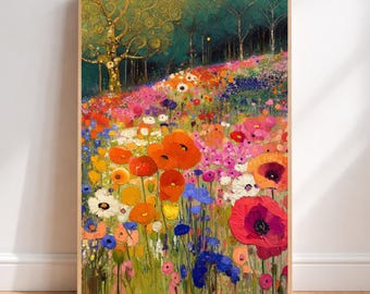 Floral Forest Wall Art, Birch Tree Garden Print, Colorful Wildflower Artwork, Botanical Nature Framed Canvas, Cottagecore Decor
