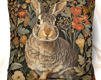 Pillow Vintage Inspired William Morris Rabbit Bunny, Living Room Decor, Bunny Cushion Cover, Autumn Rabbit Pillow, Housewarming Gift