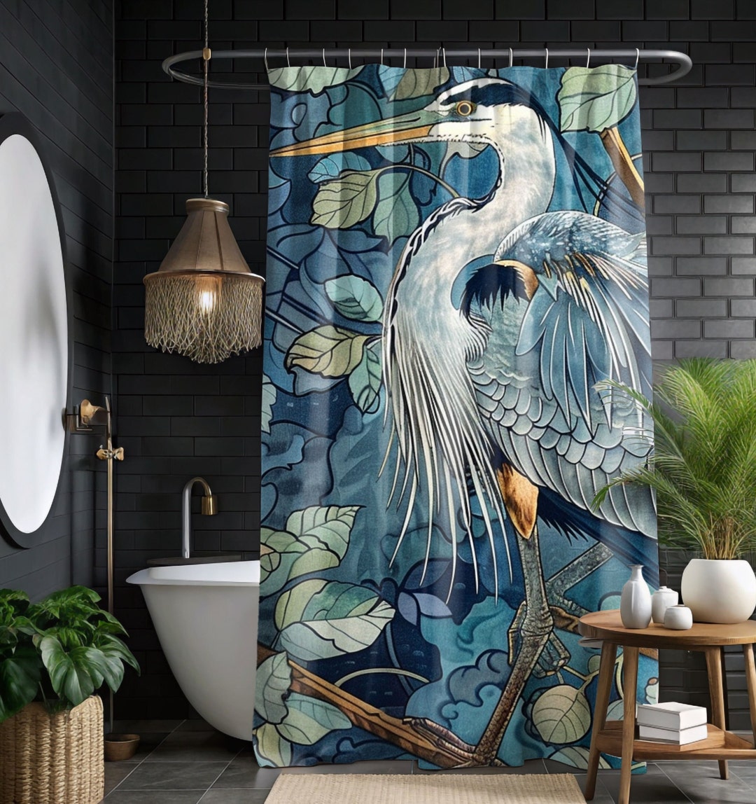 Blue Heron Printed Coastal William Morris Shower Curtain, Bathroom ...