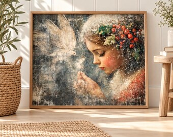 Christmas Dove Wall Art, Praying Girl Canvas Print, Vintage Winter Angelic Artwork, Holly Berry Holiday Decor, Peaceful Spiritual Gift