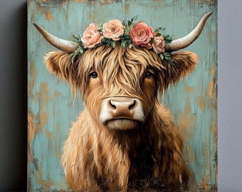Highland Cow Wall Art Canvas, Rustic Farmhouse Decor Print, Extra Large Cow Wall Art, Country Western Living Room Wall Art