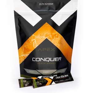 May include: A black pouch with a white and orange design. The pouch has the text "APEX CONQUER PEACH MANGO" on it. Two small black and orange pouches with the text "APEX CONQUER PEACH MANGO" are in front of the larger pouch.