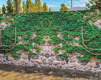 Outdoor decor, custom privacy screen outdoor green ivy on a stone wall, unique fence cover print art garden pool privacy patio backyard deck